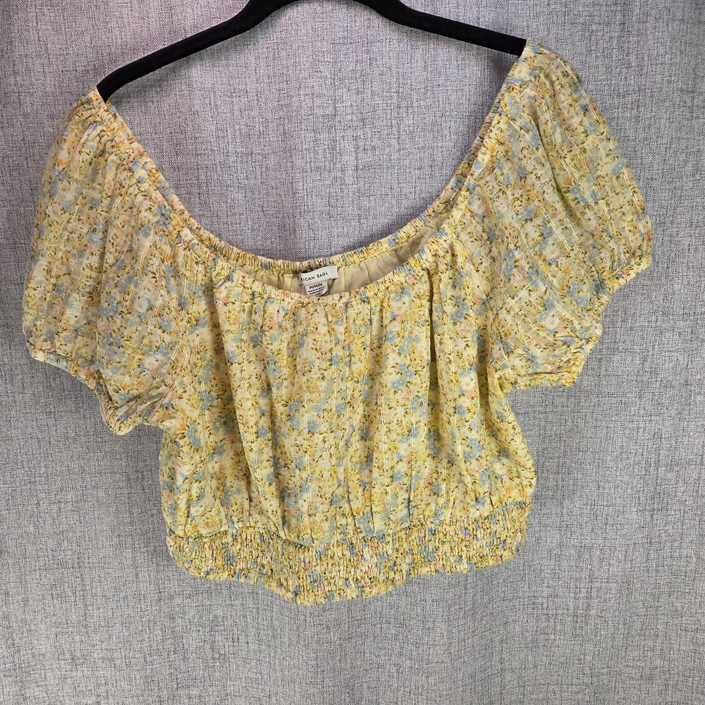 NWT AMERICAN EAGLE Yellow Floral Puff Sleeve Crop Smocked Top Women's M Cottage